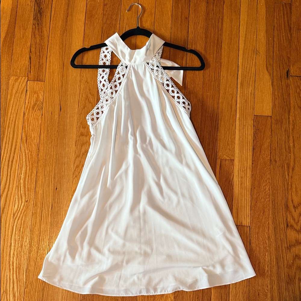 Lulus halter neck tie back with lace mini dress